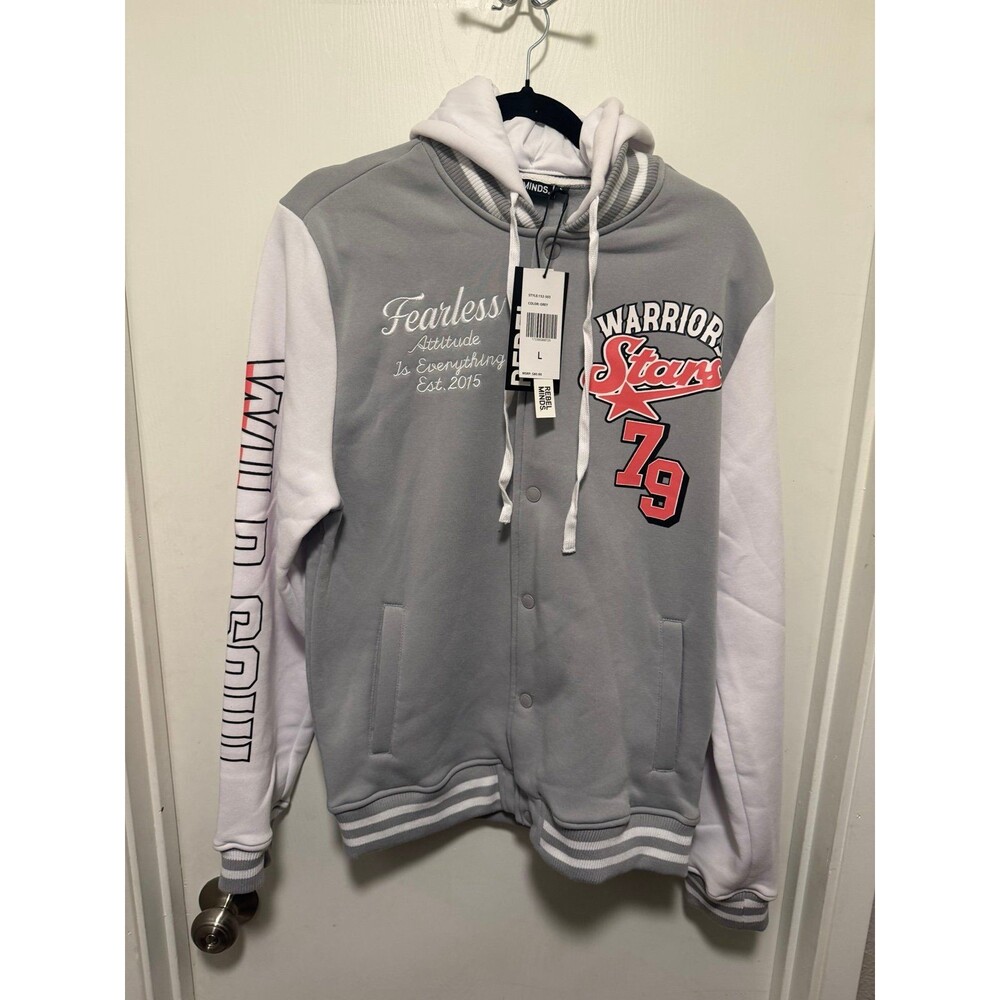 NWT Rebel Minds Mens Large Grey White Varsity Snap Front Hooded Jacket $80 MSRP